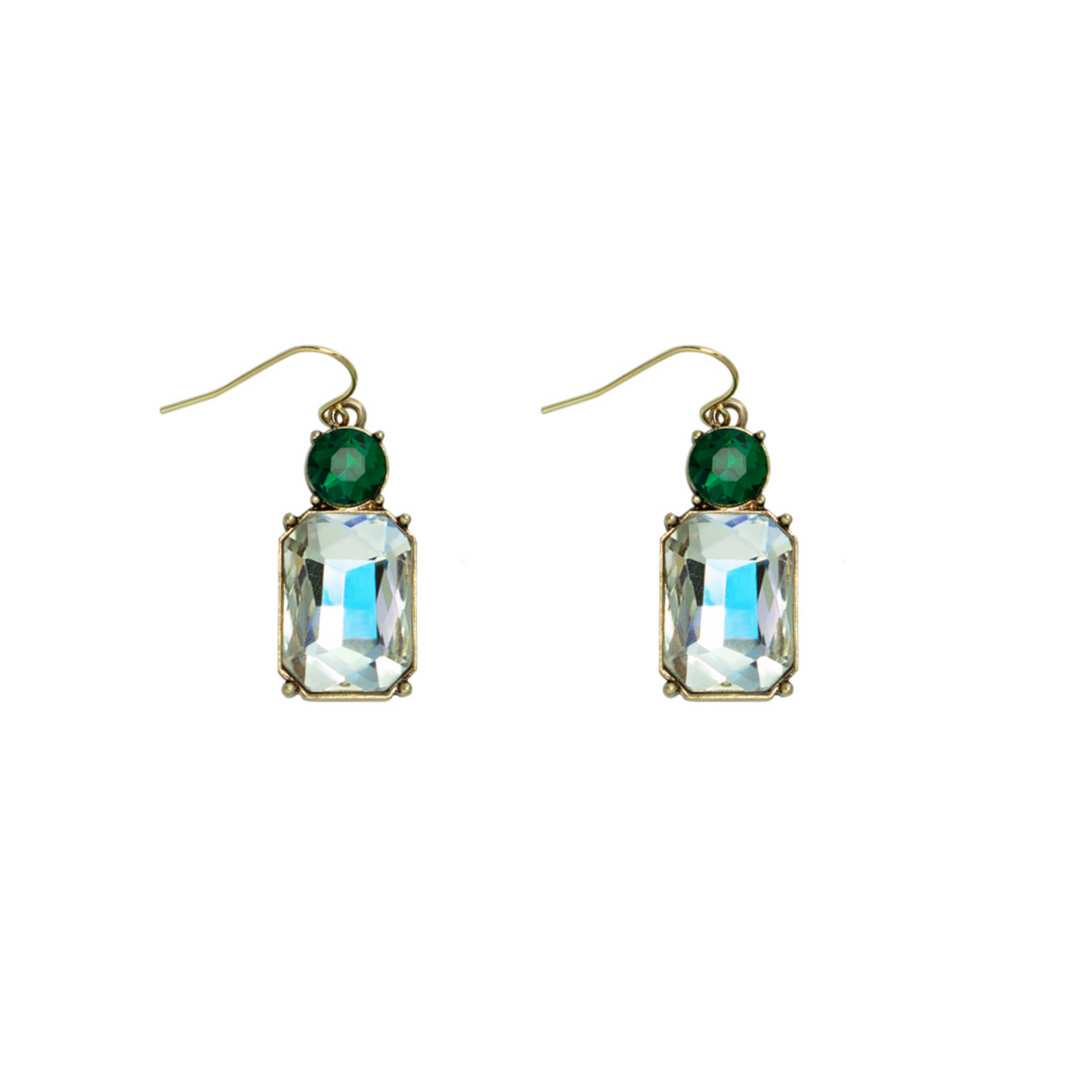 Hook Twin Gem Earrings | Clear & Emerald Green