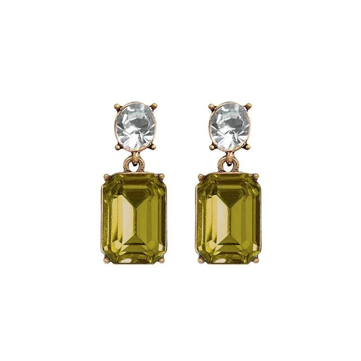 Oval & Square Gem Earrings | Olive Green & Clear