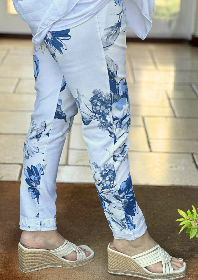 Watercolour Floral Print Trousers | Blue