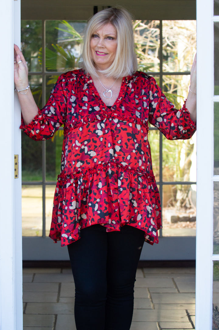 Red Abstract Print V-Neck Smock Top