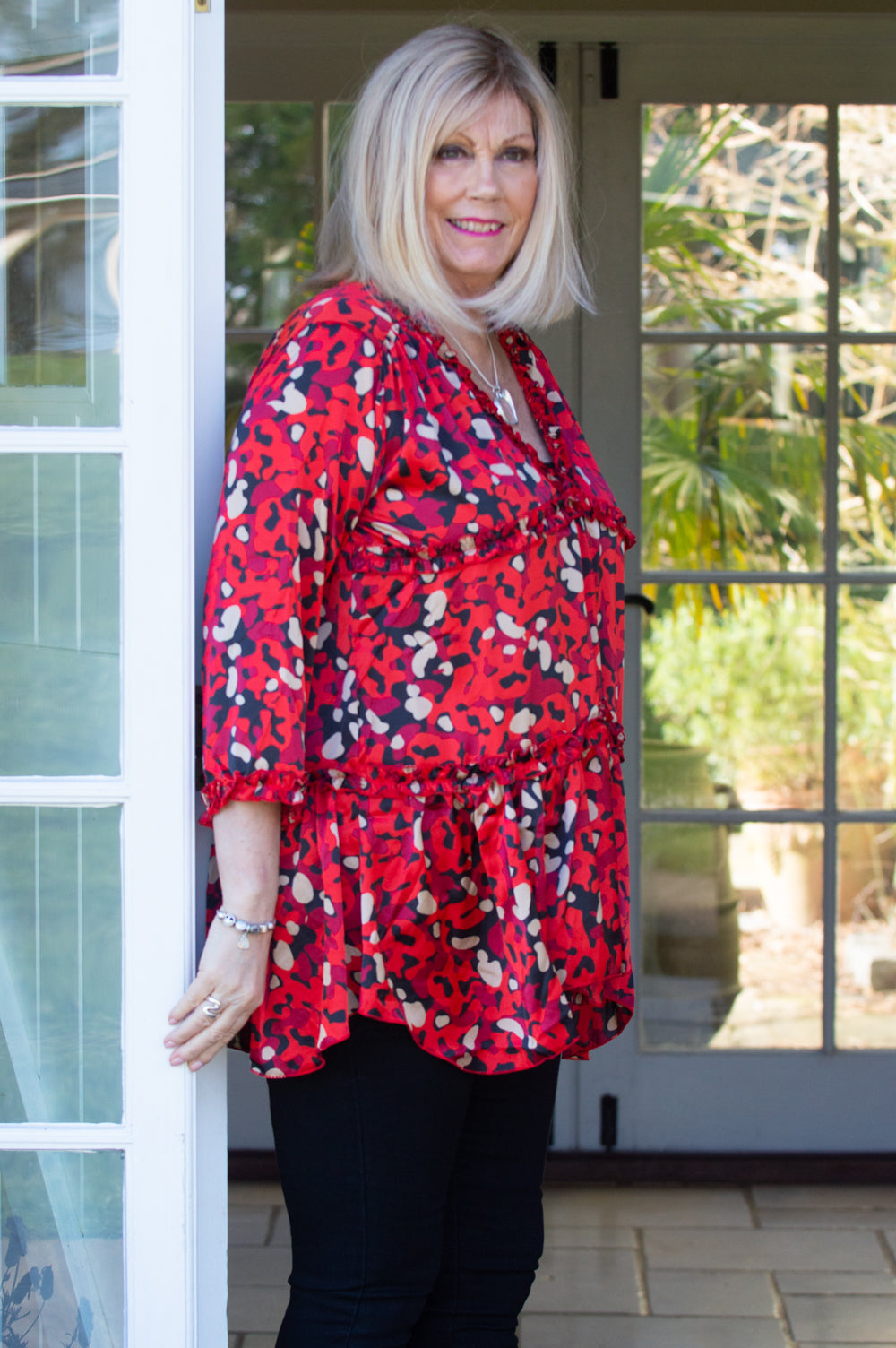 Red Abstract Print V-Neck Smock Top