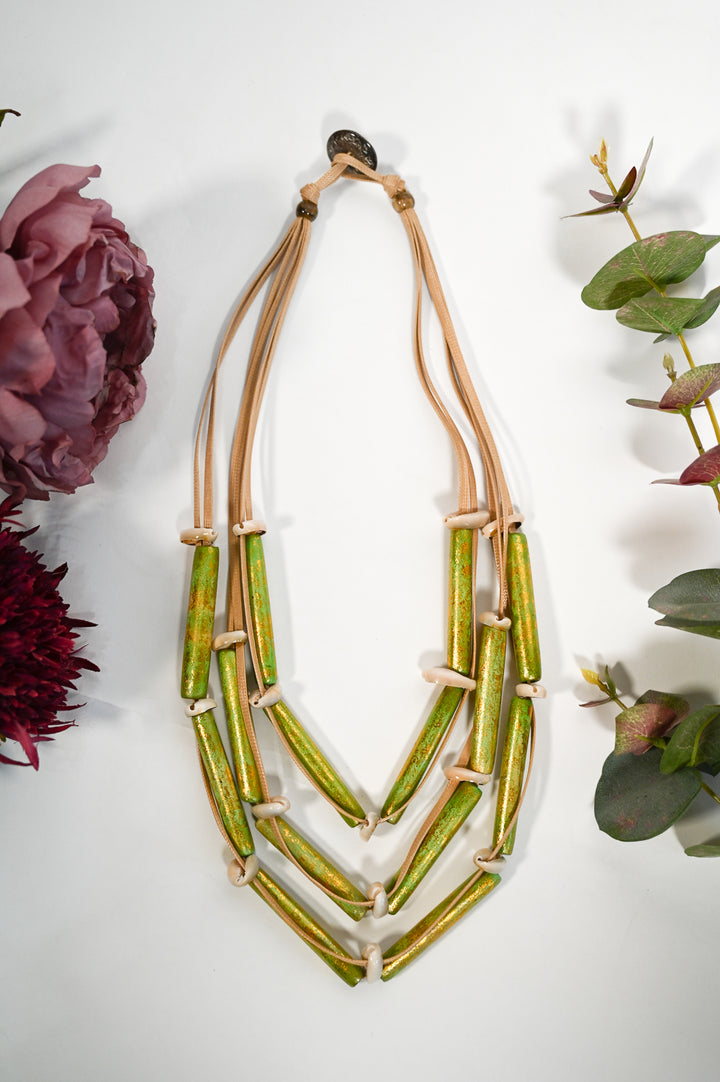 Short Green & Gold Layered Cord Necklace