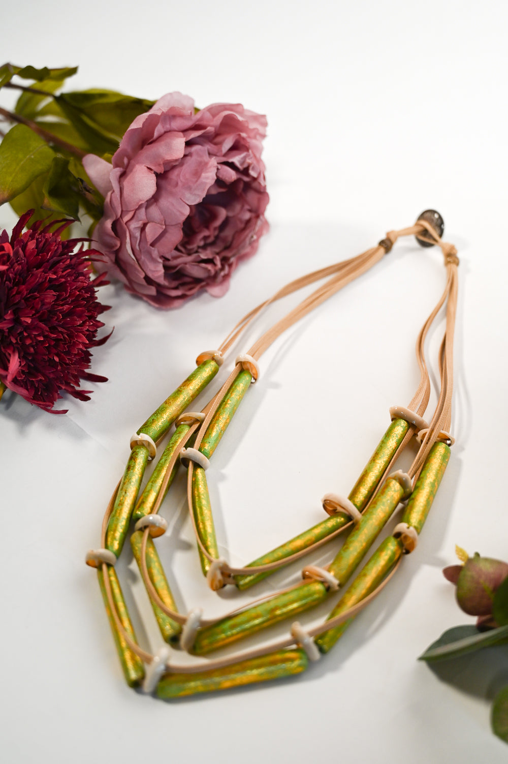 Short Green & Gold Layered Cord Necklace