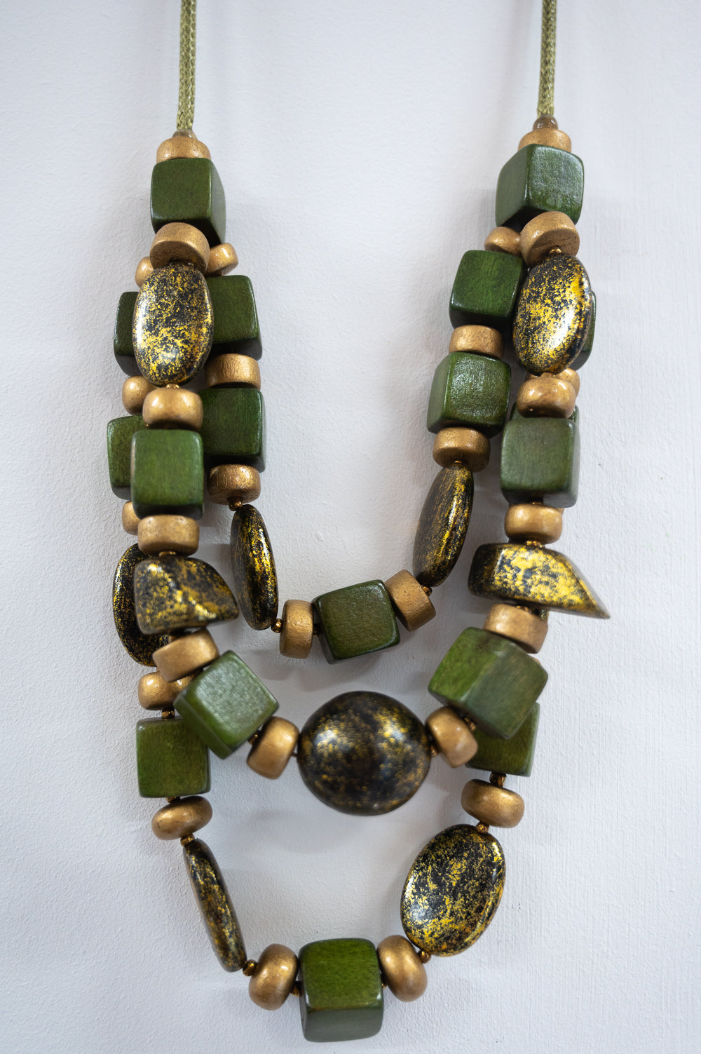 Chunky Green and Gold Metallic Layered Necklace