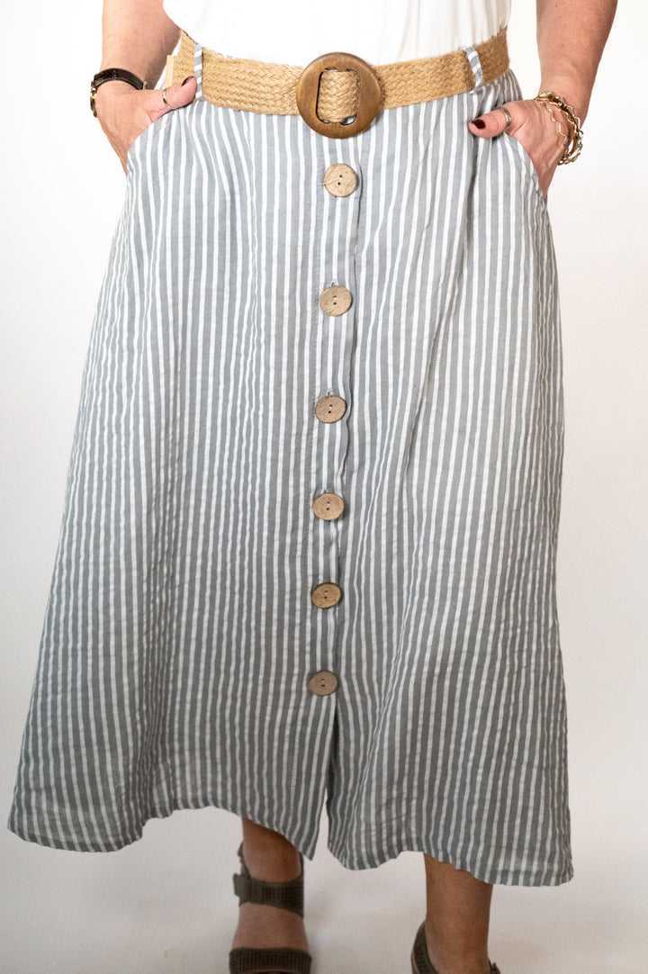 Silver Stripe Belted Midi Skirt