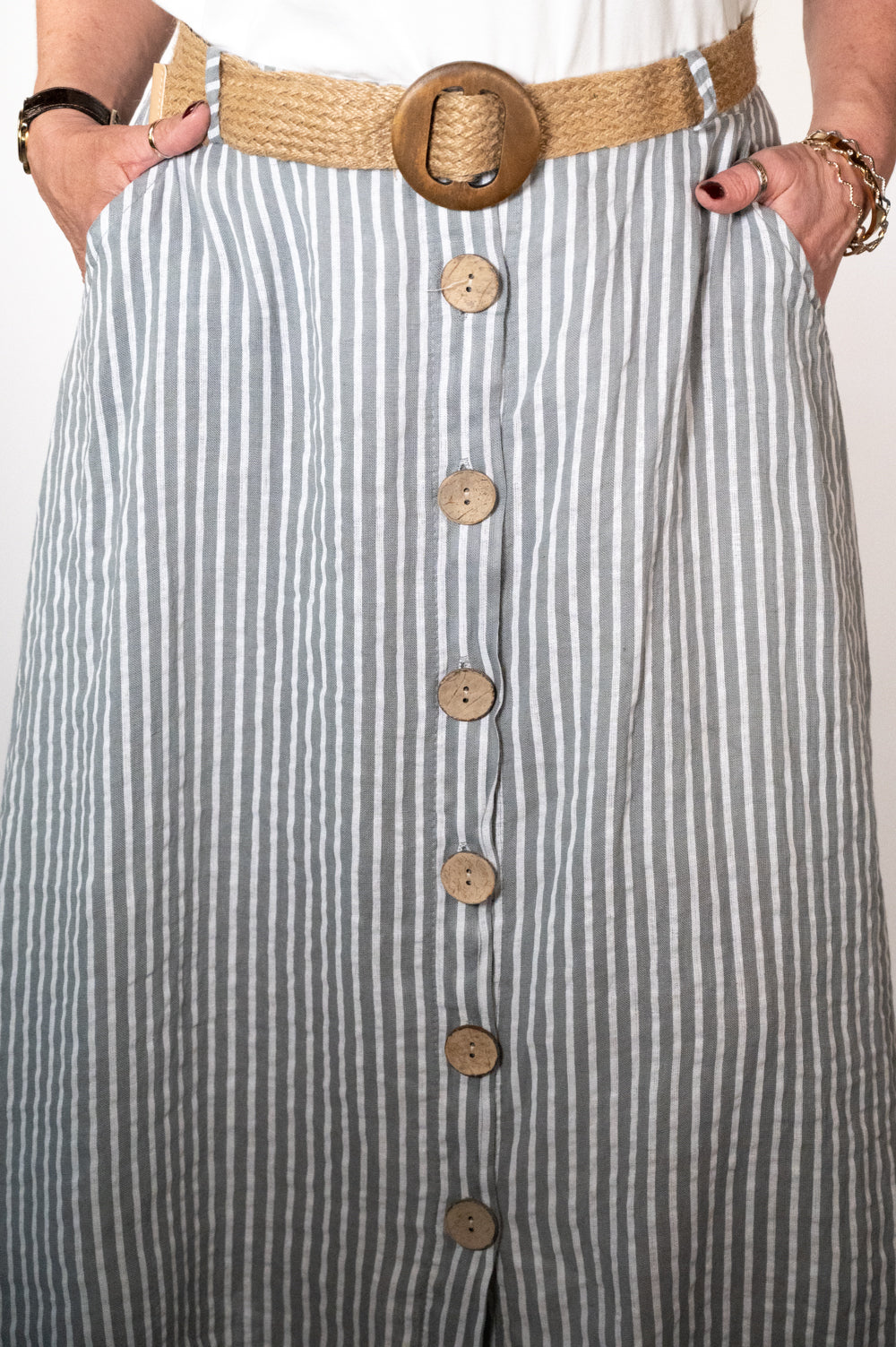 Silver Stripe Belted Midi Skirt