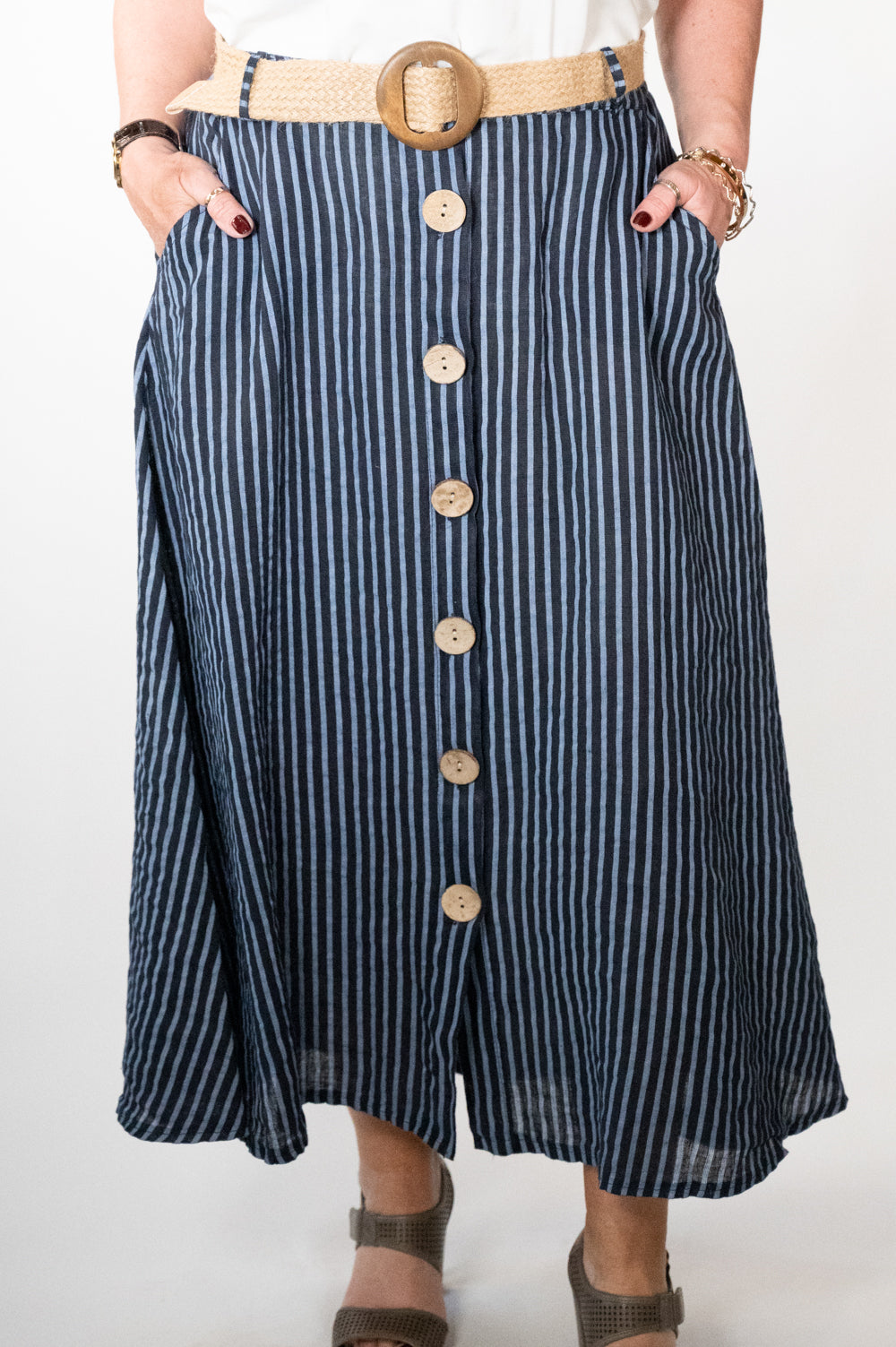 Navy Stripe Belted Midi Skirt
