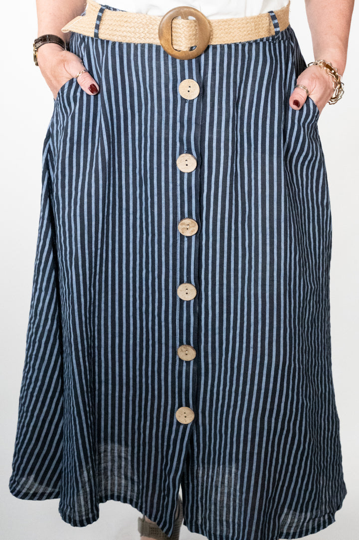 Navy Stripe Belted Midi Skirt