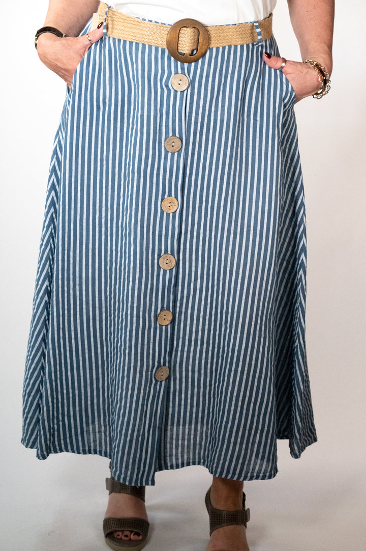Denim Stripe Belted Midi Skirt