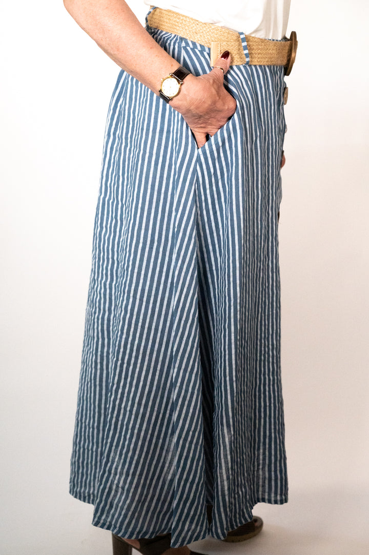 Denim Stripe Belted Midi Skirt