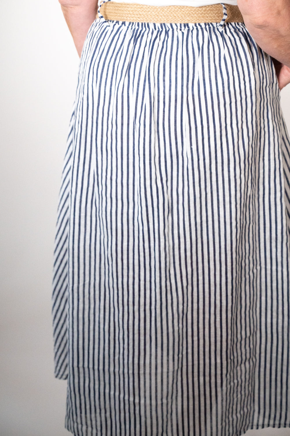 White Stripe Belted Midi Skirt