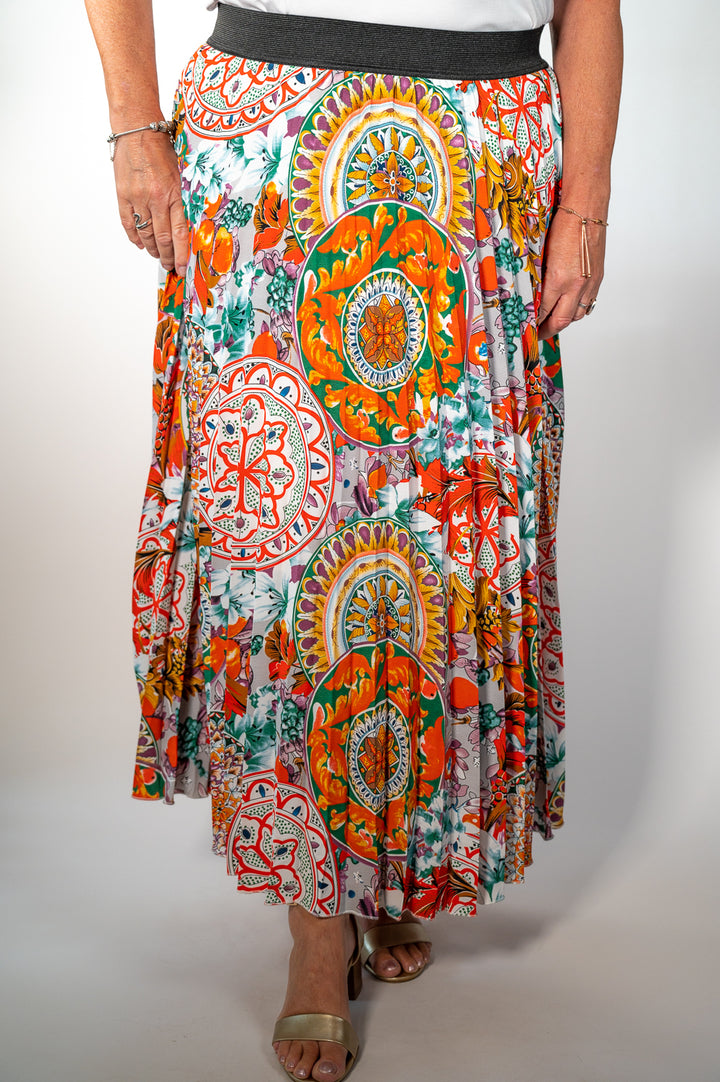Orange Floral Print Pleated Midi Skirt - Malissa J