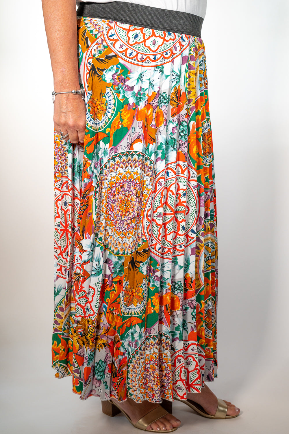 Orange Floral Print Pleated Midi Skirt - Malissa J
