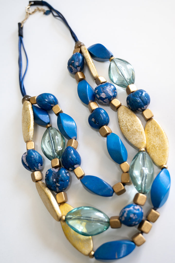 Chunky Blue & Gold Multi Shape Layered Necklace