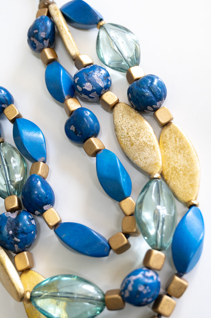 Chunky Blue & Gold Multi Shape Layered Necklace